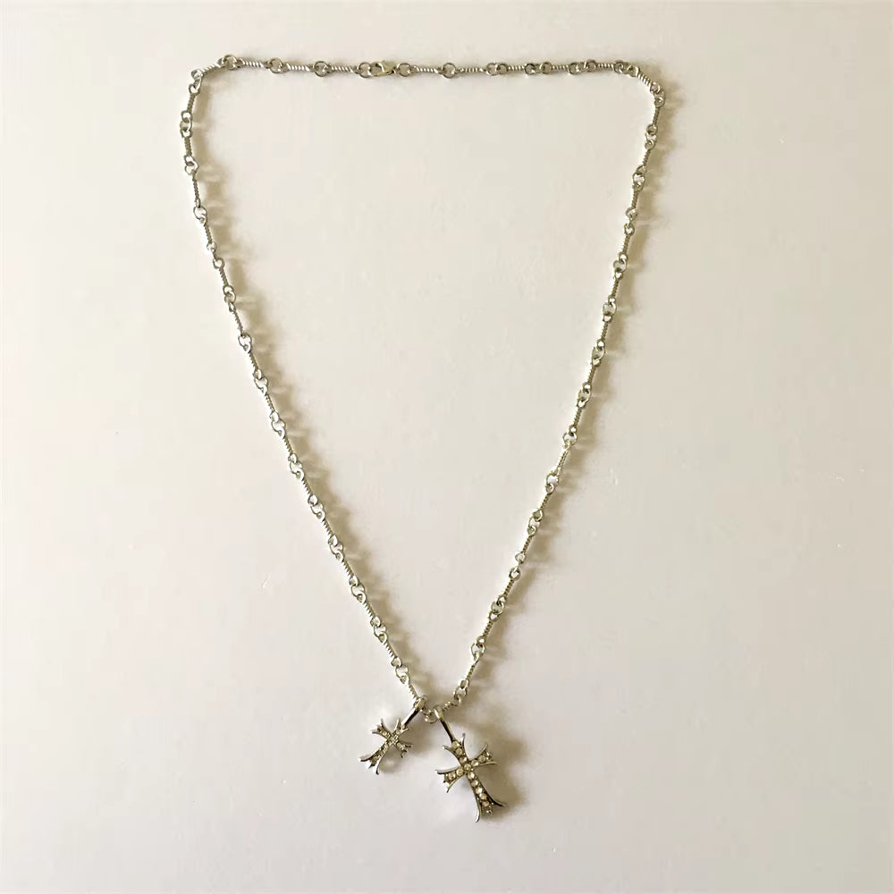 Vintage Y2K Style Double Cross Gold Necklace. Rhinestone Crystal Cross