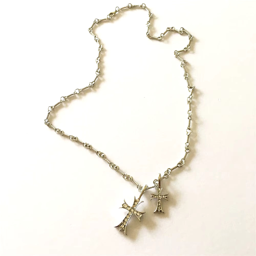 Vintage Y2K Style Double Cross Gold Necklace. Rhinestone Crystal Cross