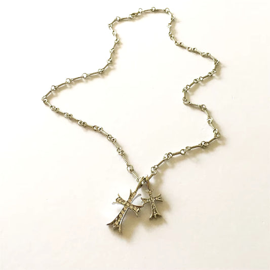 Vintage Y2K Style Double Cross Gold Necklace. Rhinestone Crystal Cross