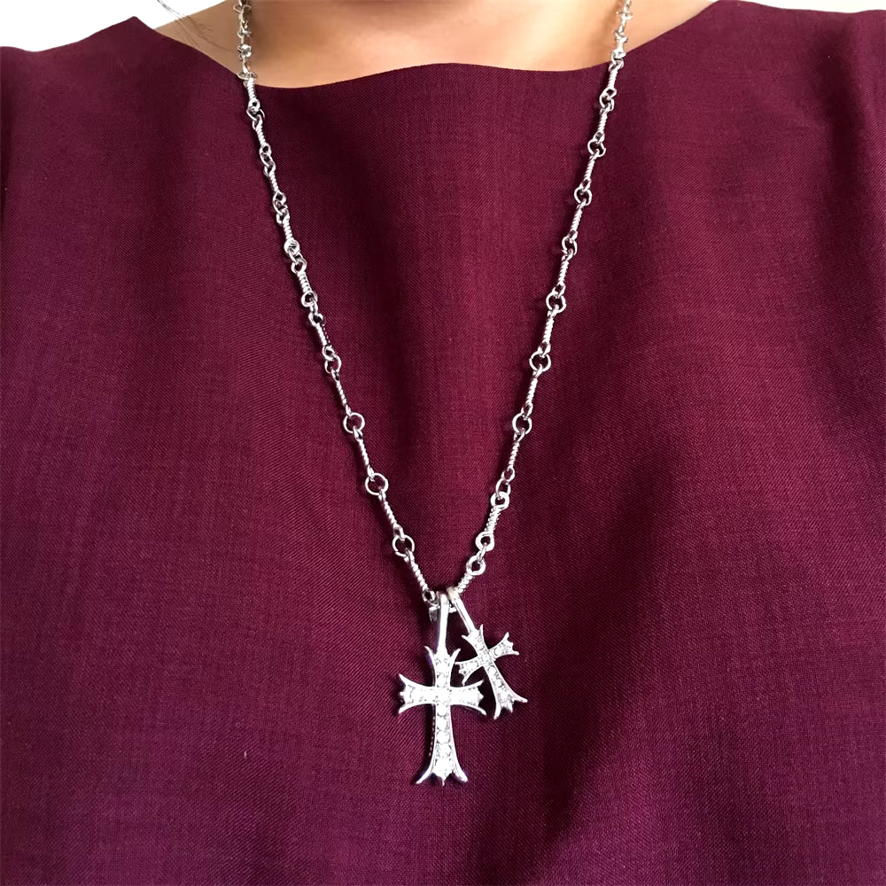 Vintage Y2K Style Double Cross Gold Necklace. Rhinestone Crystal Cross