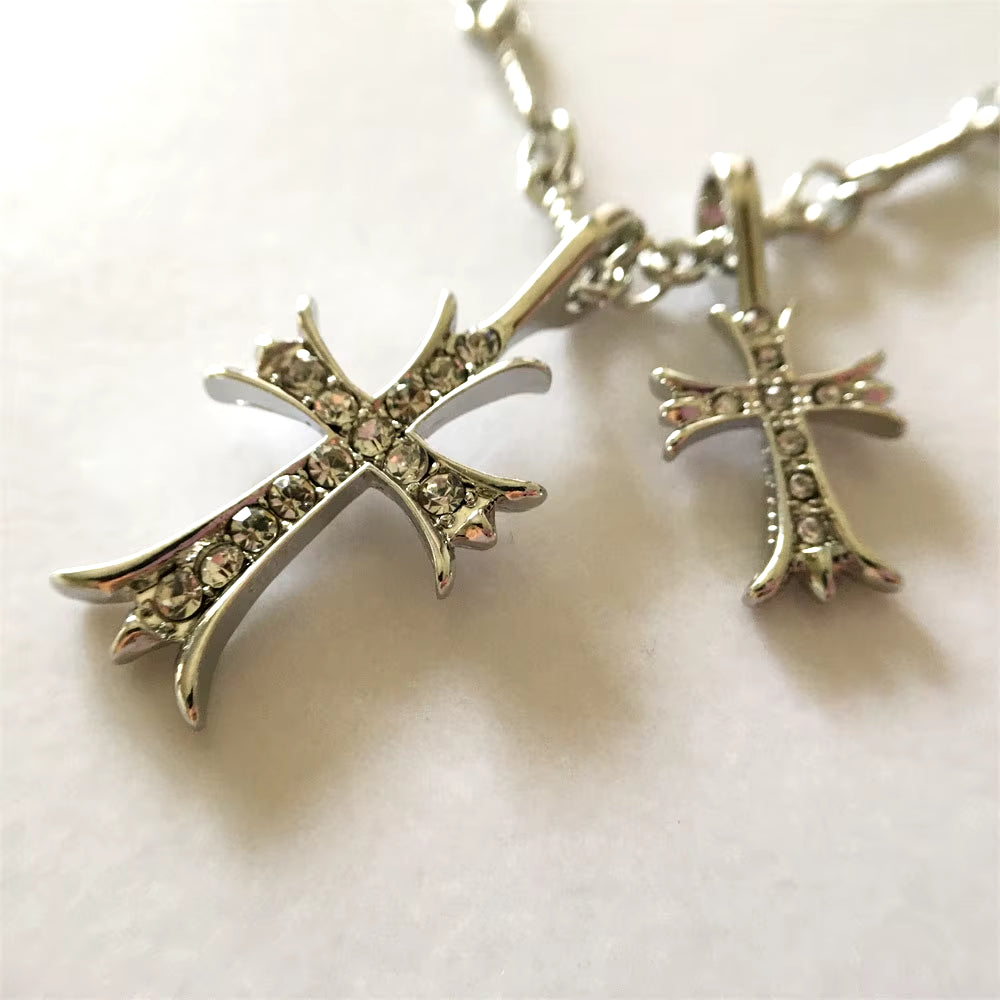 Vintage Y2K Style Double Cross Gold Necklace. Rhinestone Crystal Cross